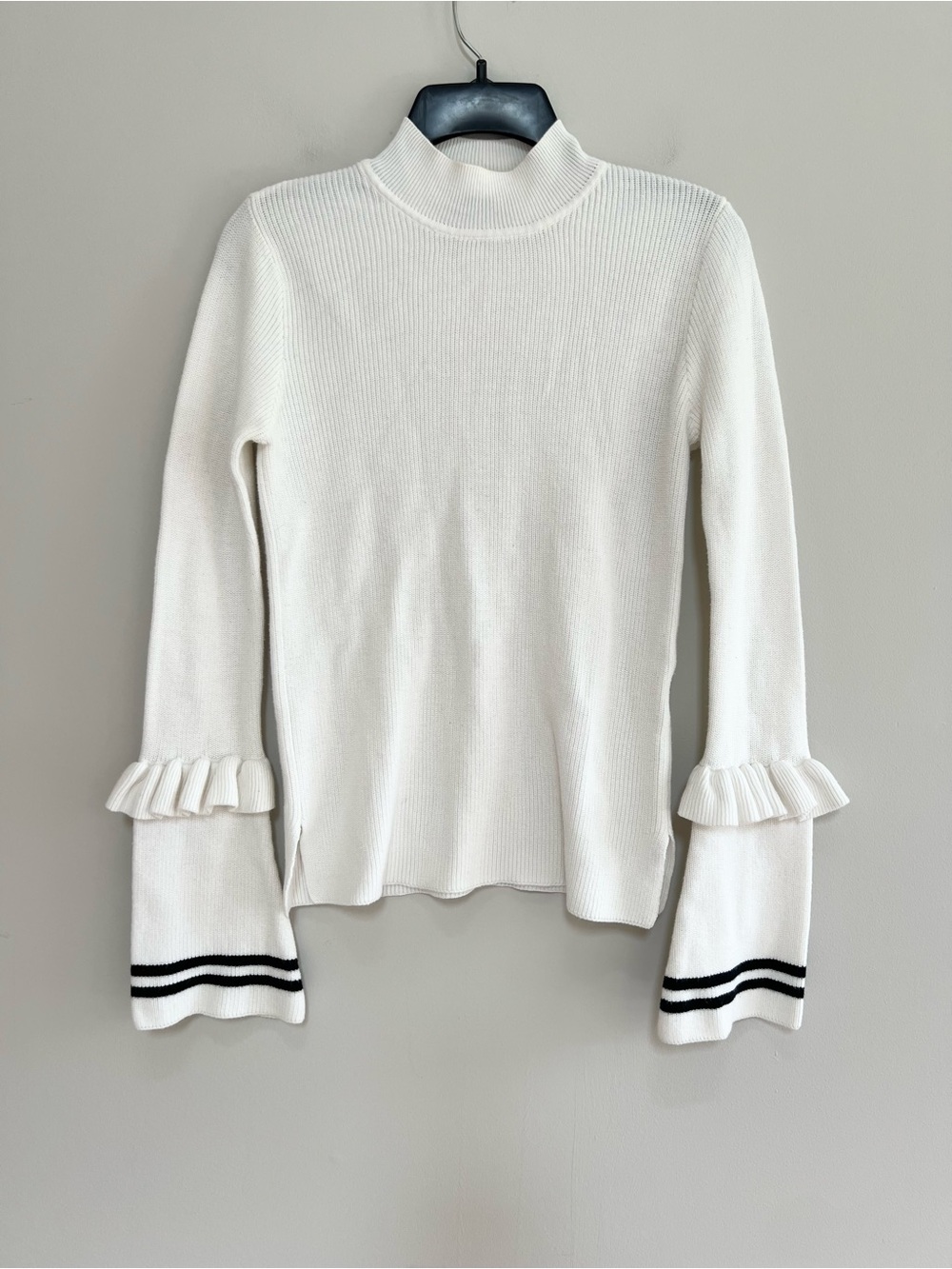 Few Moda Ruffled Bell Long Sleeve Mock Neck Cotton Ribbed Knit Sweater, Small